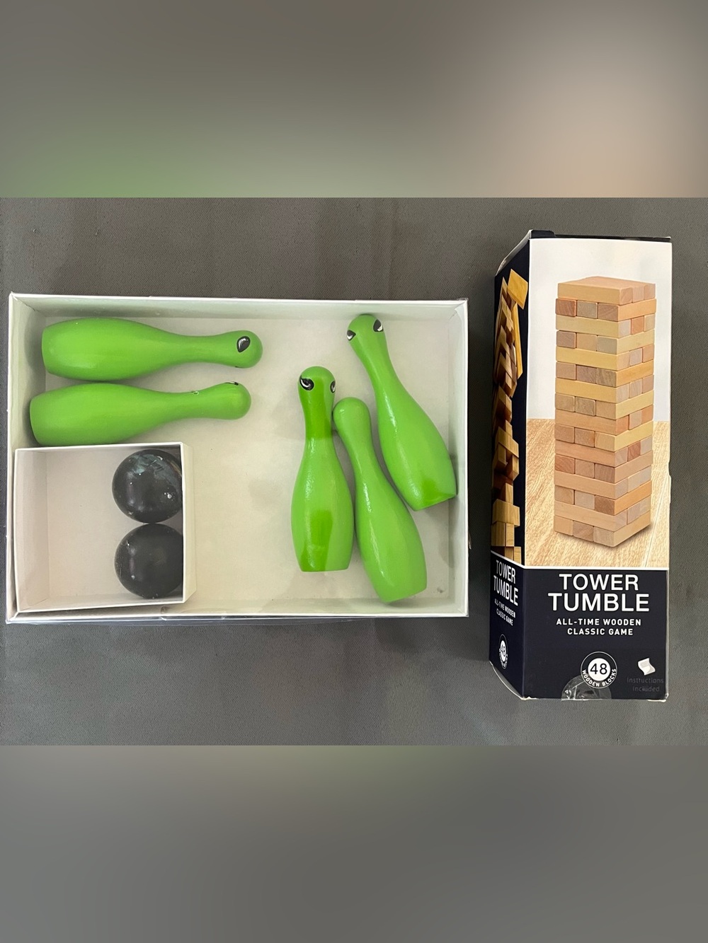 Bright Green Mini Bowling Pins Set & travel tumble tower.